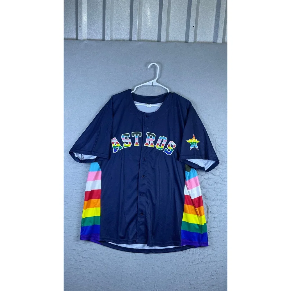 Houston Astros Baseball Jersey Mens XL Navy Blue Excellent Pride Rainbow 24